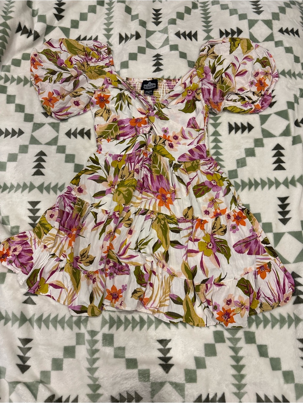 Angie Floral Puff-Sleeve Dress - White with Purple, Green & Orange Print